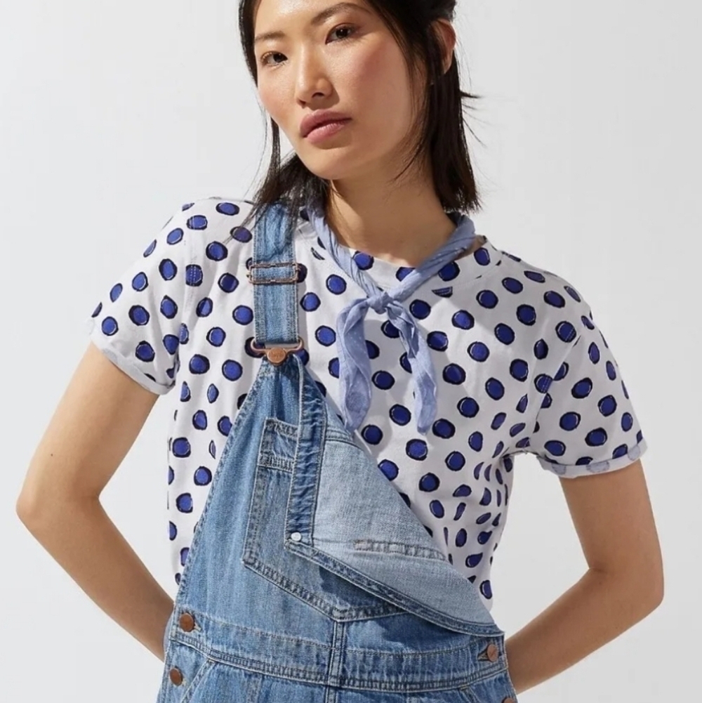 Anthropologie White Tee with Blue Polka Dots